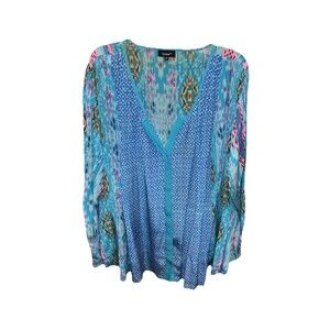 Tolani Colldction Silk Blouse 2X Aqua Turquoise Button Up Long Sleeve V Neck